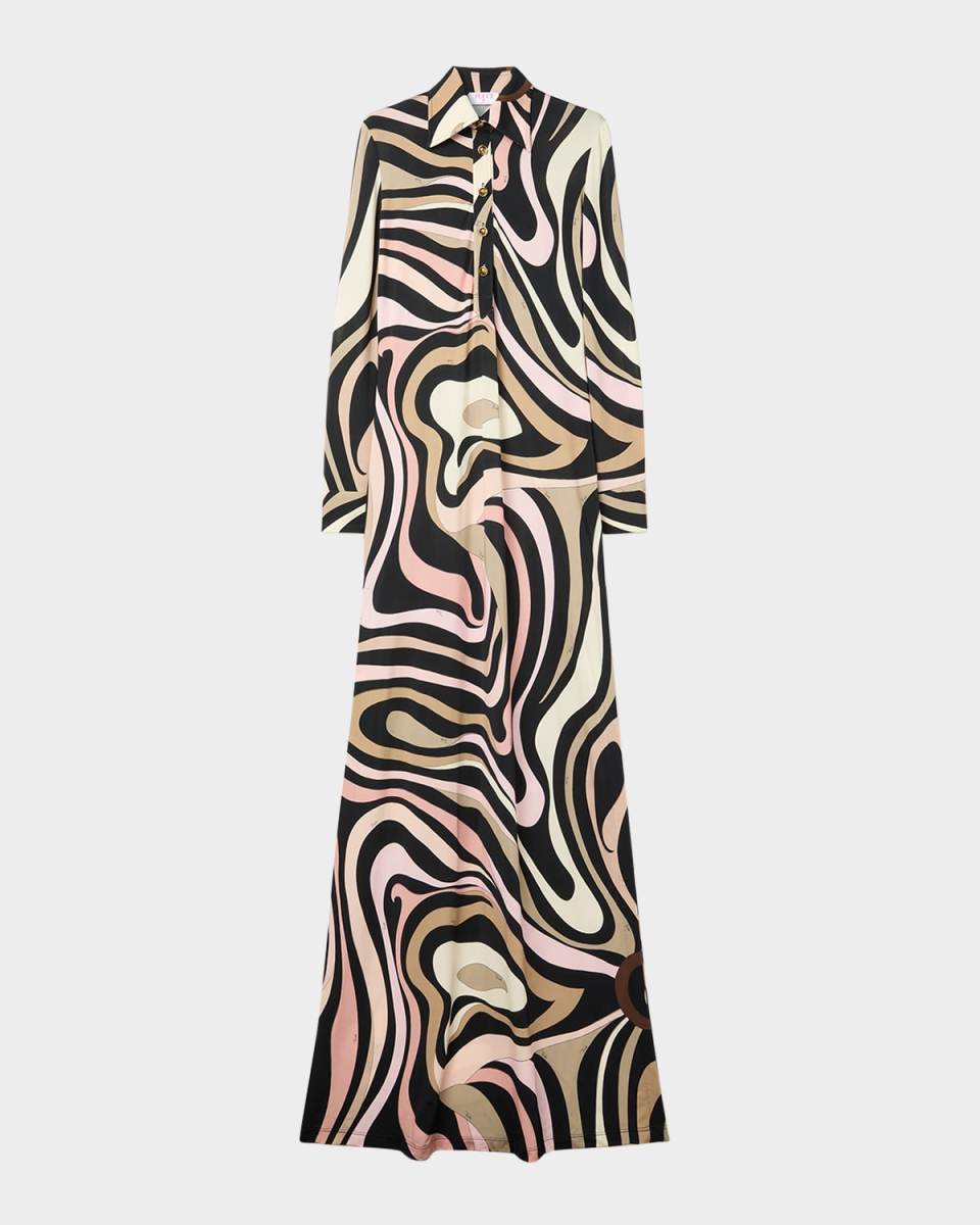 Marmo-Print Long-Sleeve Maxi Shirtdress
